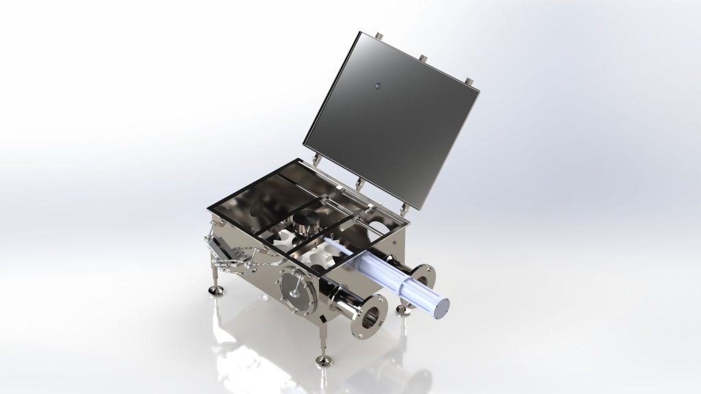 Rendering of a Chain-Vey CIP turnaround with its three-latch lid open, showing the housing interior
