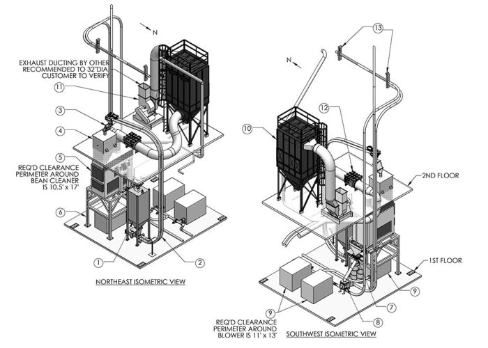 Isometric drawing of coffee bean cleaning system. Drawing of coffee bean cleaning system