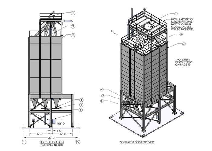 Isometric view of decaffeinated green bean mass flow silos (post blending). Mass flow silos