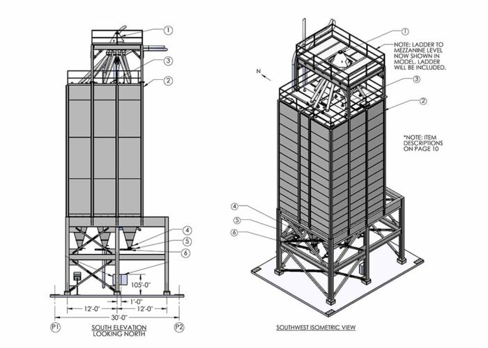 Isometric view of decaffeinated green bean mass flow silos (post blending). Mass flow silos