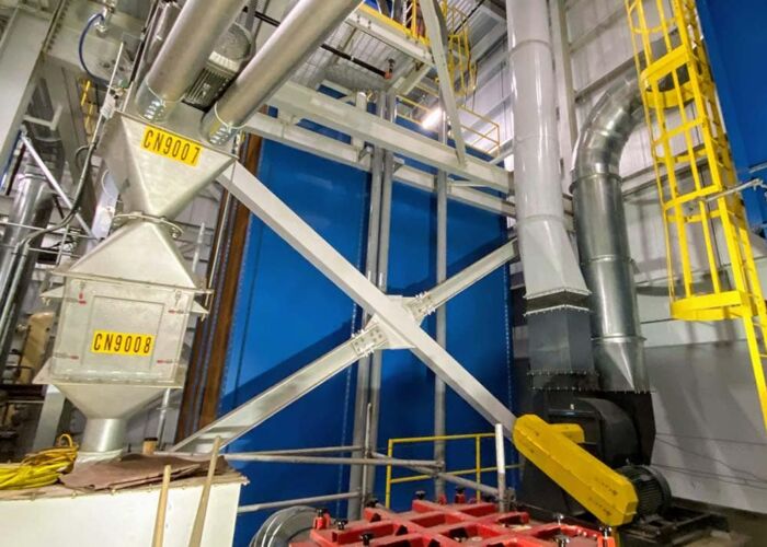 View from 2nd floor of a decaffeinated green bean mass flow silos (post blending).