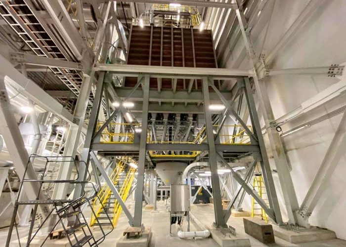 An array of green bean silos (before decaffeination process).