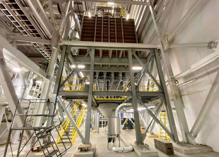 An array of green bean silos (before decaffeination process).