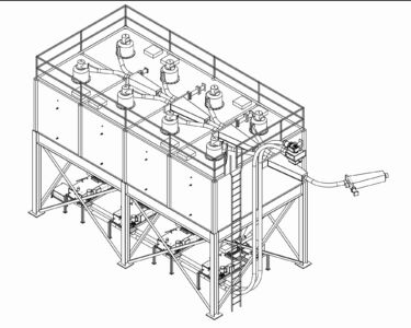 Drawing of green bean storage silos. Coffee is carried away using Chain-Vey tubular drag conveyors.