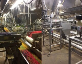 Inside Pet Perfecta's facility, before (right) and after (left), as they swapped out a belt conveyor with a Chain-Vey. belt conveyor vs tube conveyor